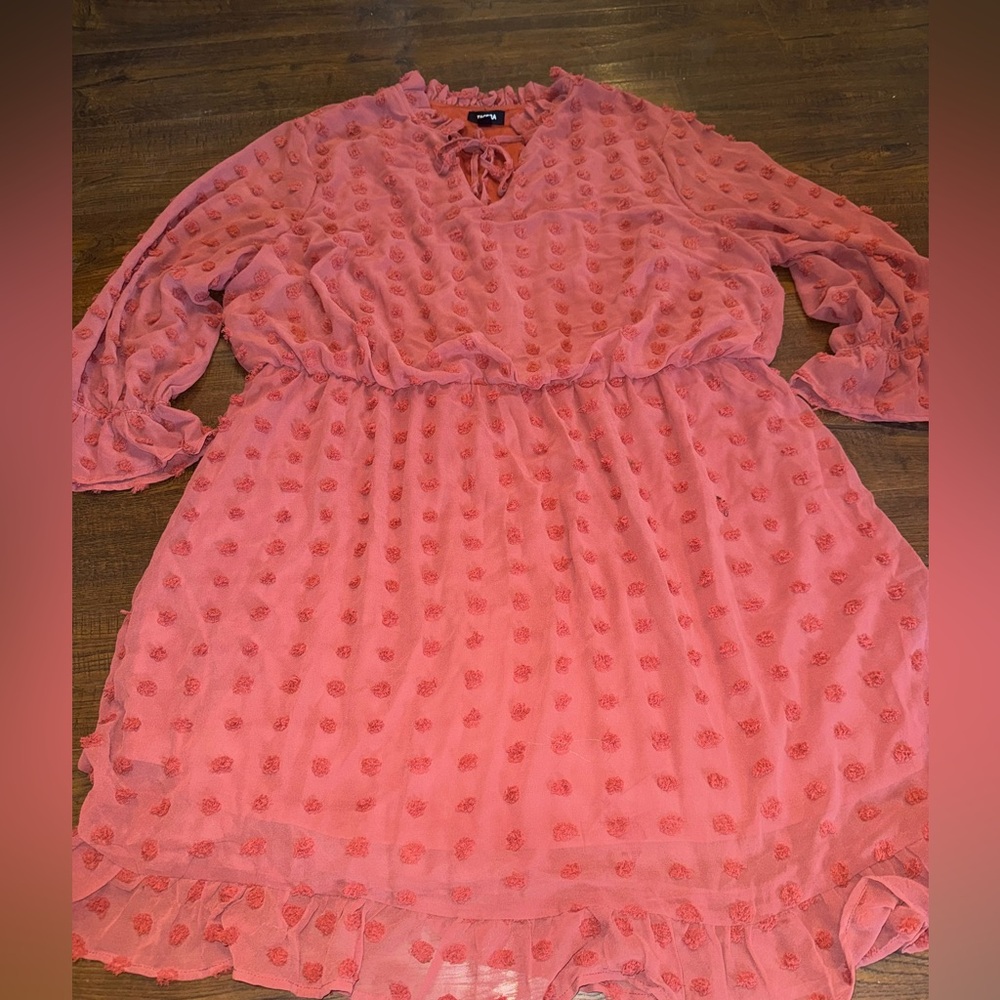 Tacera Swiss Dot Dress 2XL Boho Flowy Rust Coral Ruffle Sleeve Plus Size